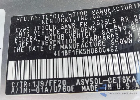 2017 Toyota Camry Se z USA, uszkodzony, nr VIN 4T1BF1FK5HU800492
